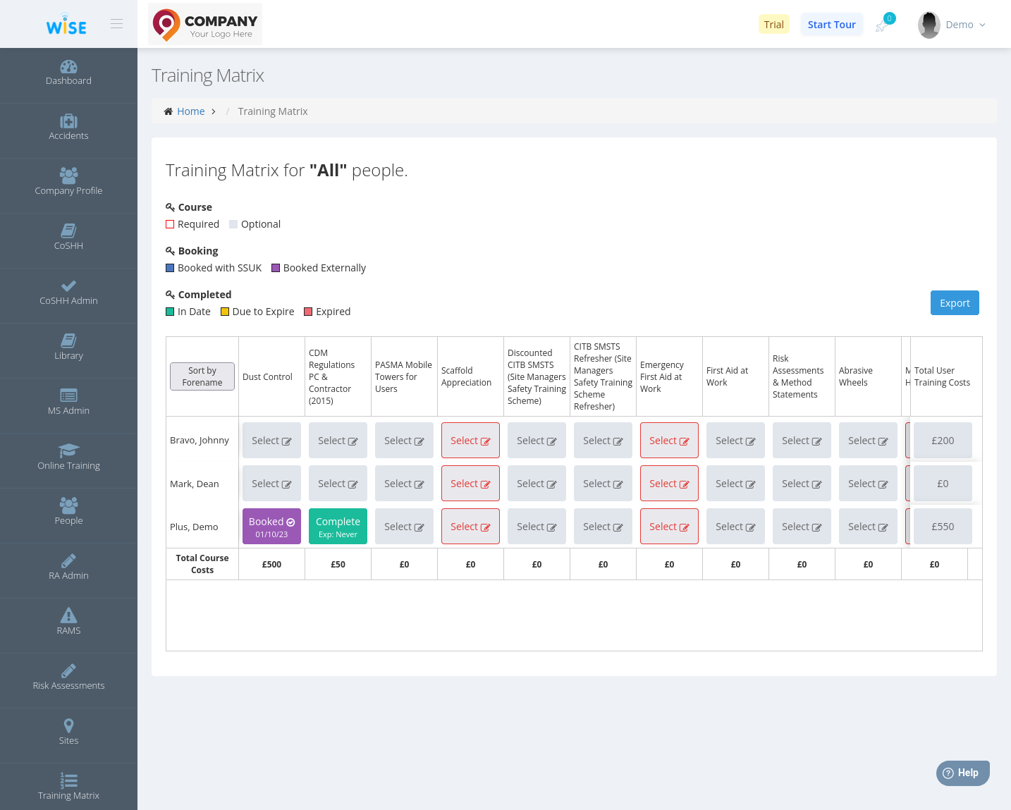 Training Matrix screenshot